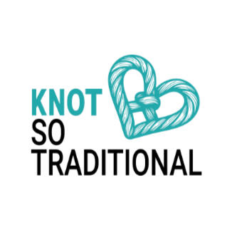 Logo The words Knot So Traditional with a teal rope heart on the top right